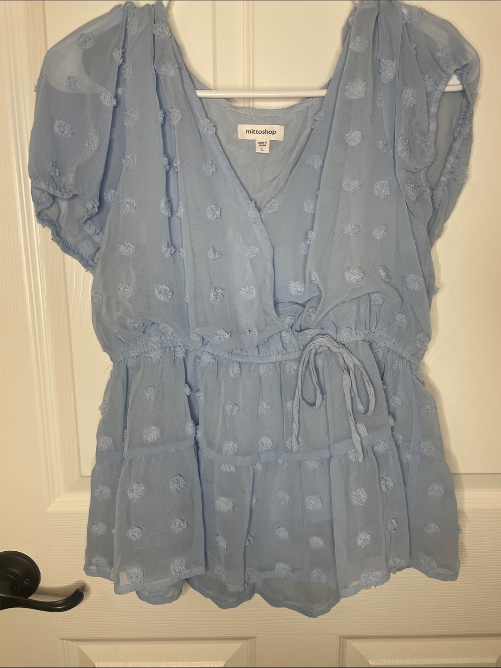 mittoshop Powder Blue Short Sleeve Wrap Tie Peplum Top